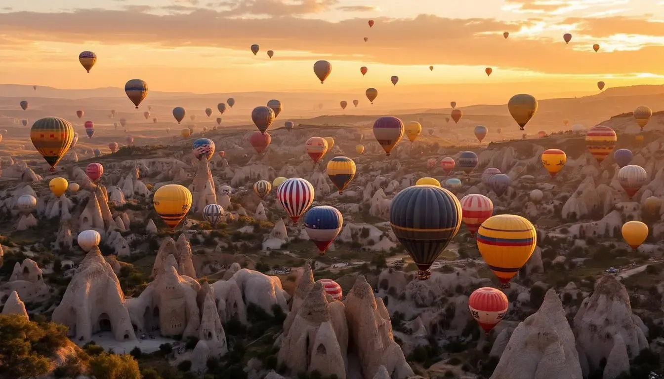 Hot air balloons rising over Cappadocia fairy chimneys at sunrise